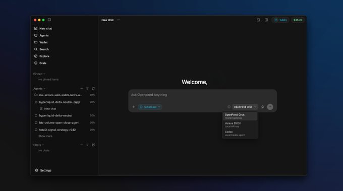 OpenPond App home with model picker