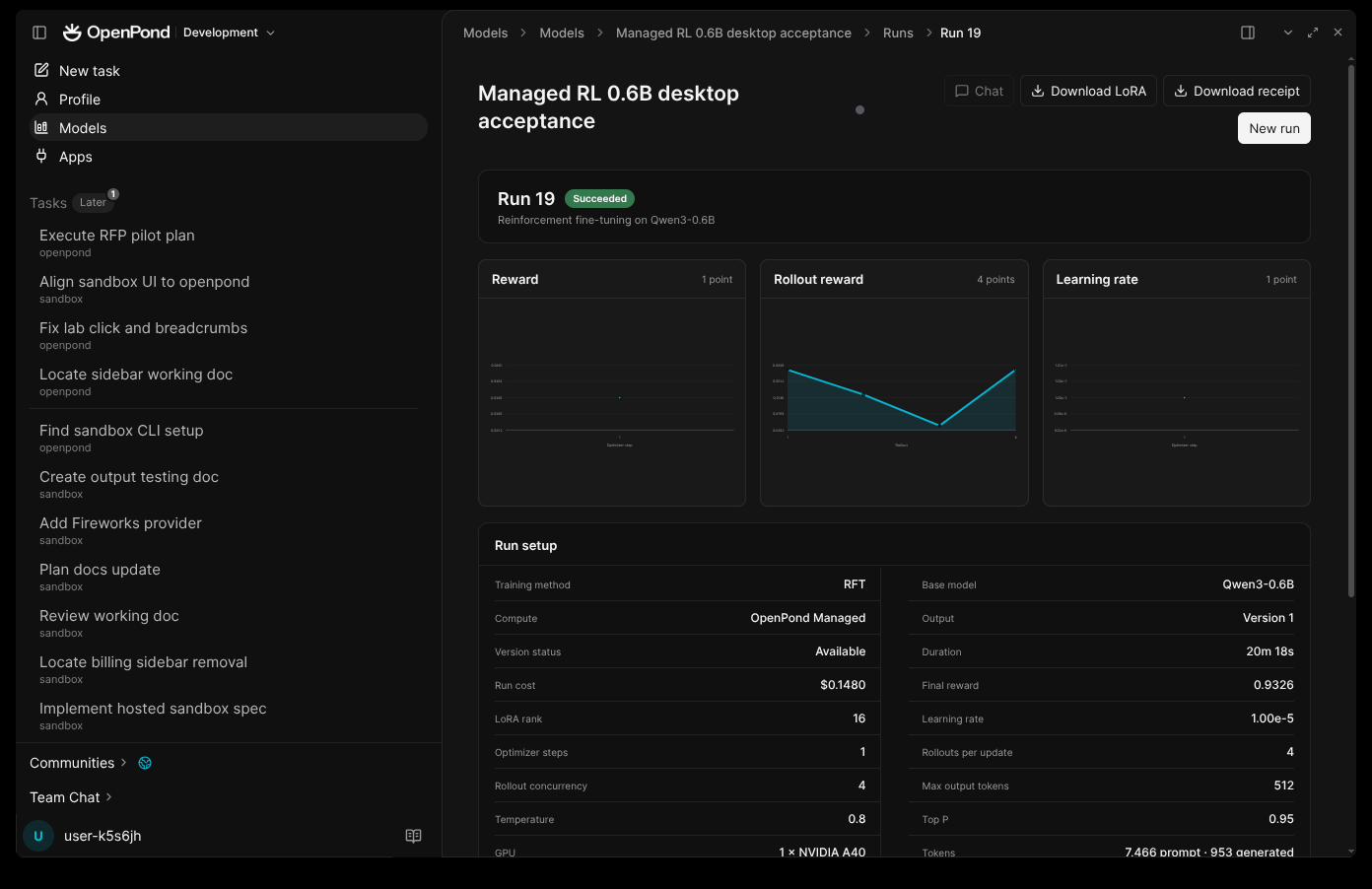 A completed OpenPond Managed RL run with training and evaluation evidence