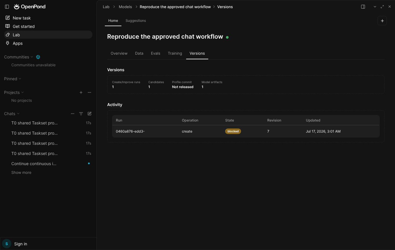 A synthetic OpenPond Lab Versions tab showing one model candidate and one model artifact.